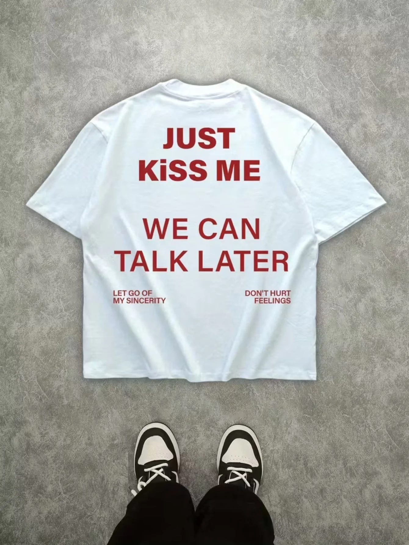 Just Kiss Me We Can Talk Later Print T-Shirt für Männer und Frauen, Baumwolle, kurzärmelig, Unisex, romantische Liebe, lässig, Streetwear, Alltag, Tops – Detail 5