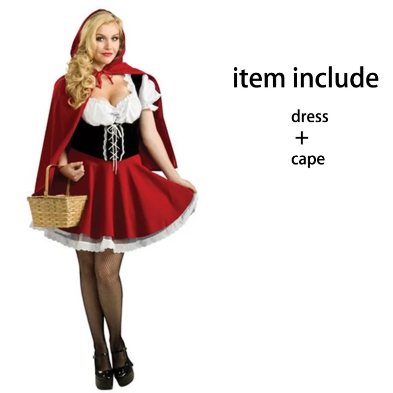 Halloween Cosplay Little Red Riding Hood Outfit Costume Adult Women Fancy Dress Hen Party Dress Cape Set Outfit