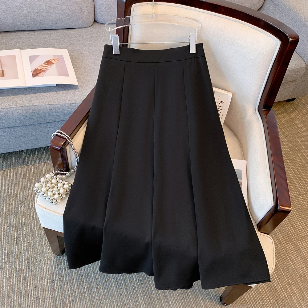 

Spring and fall plus size women's black casual high-waisted skirt loose and comfortable with zipper commuting midi A-line skirt