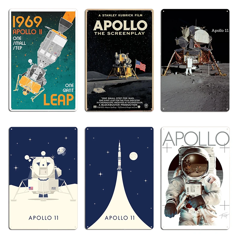 Apollo Lunar Landing Mission Poster Metal Sign Living Room Pub Mural Pub Astronaut stepping off Lunar Lander Tin Sign Poster