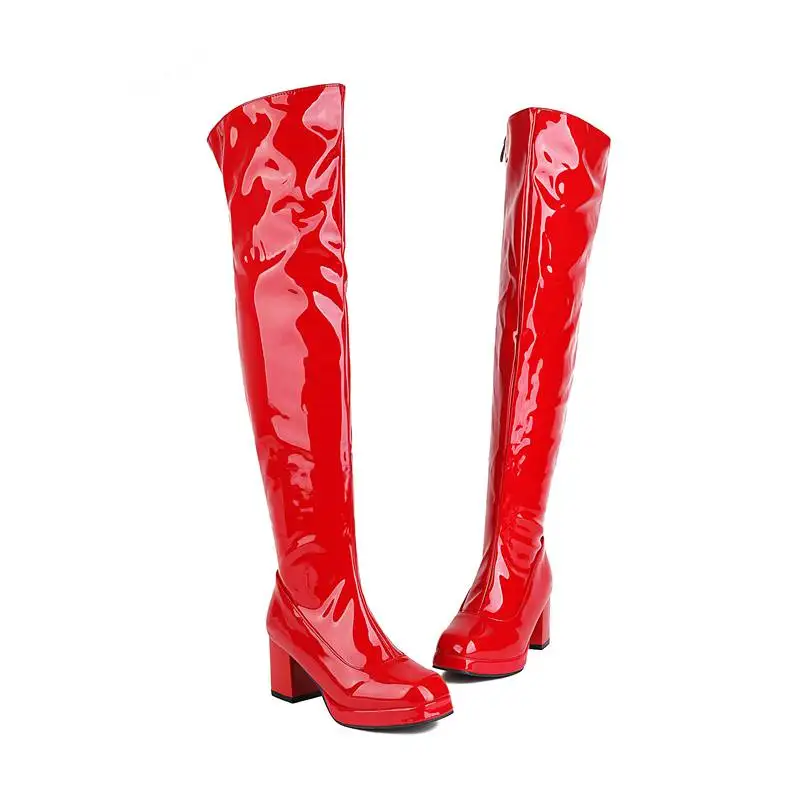 REAVE CAT Thigh Boots 52cm For Womens Square Toe Chunky Heel 7cm Platform 1.2cm Zipper Large Size 32-48 Sexy Party Shoes S4216