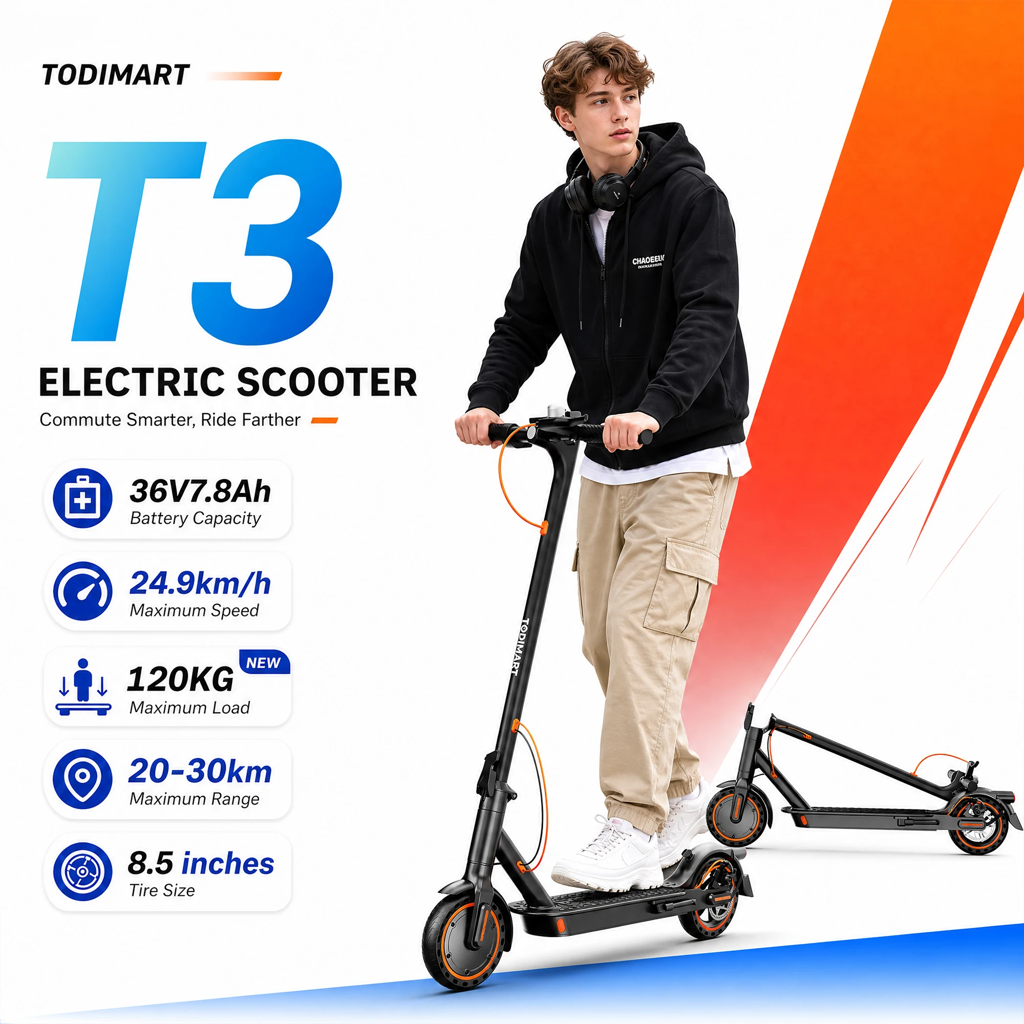 Monopattino Elettrico Pieghevole Todimart T3 per Adulti, Batteria 36V 7.8Ah, Pneumatici Solidi a Nido d'Ape da 8.5 Pollici, Controllo tramite App, Doppio Freno, Indicatori di Direzione, Leggero,