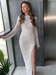 Luxury Evening Dress Ivory Long Sleeves Sequined Glitter Women's Evening Gowns Long O Neck High Split Sheath/Column Prom Dresses