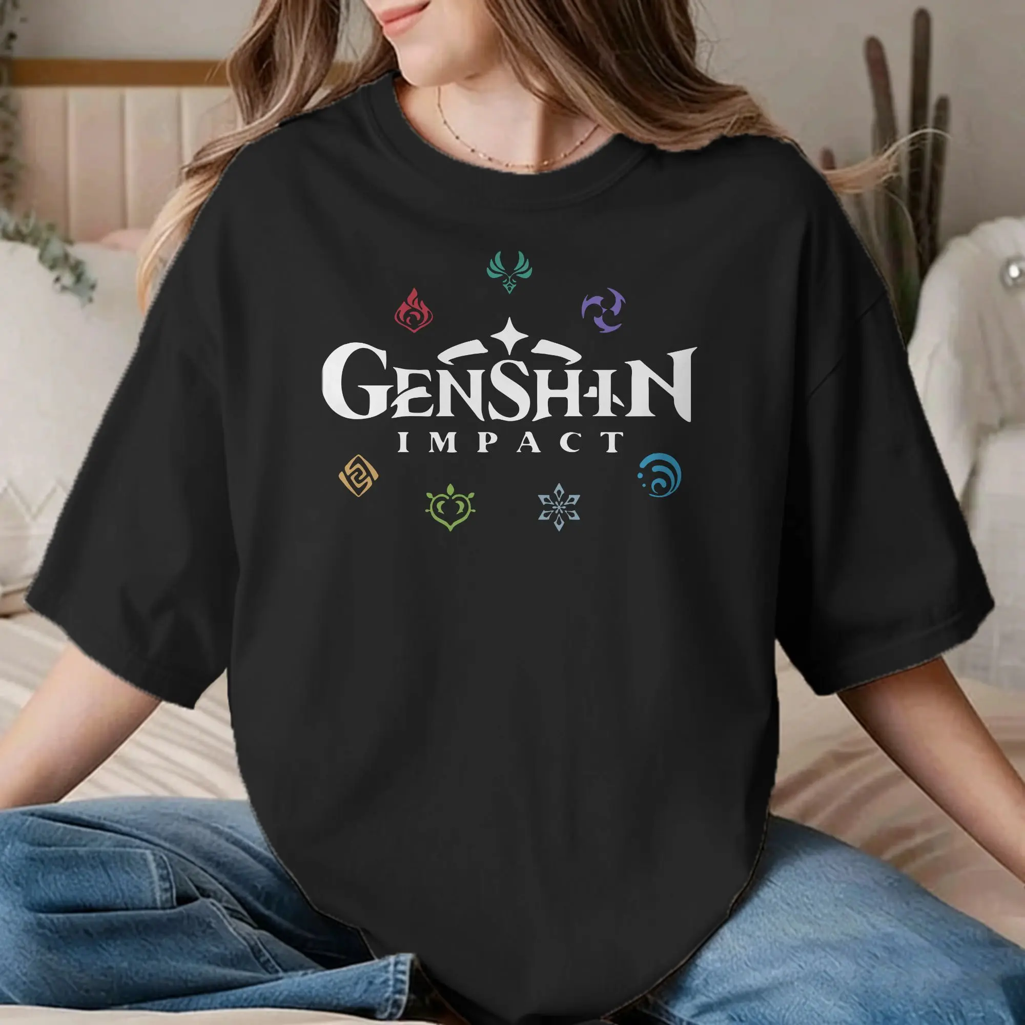 Genshin Impact Game Elements Colours T-Shirts for Men Women  Casual Cotton Tee Shirt Short Sleeve T Shirt Summer Clothing