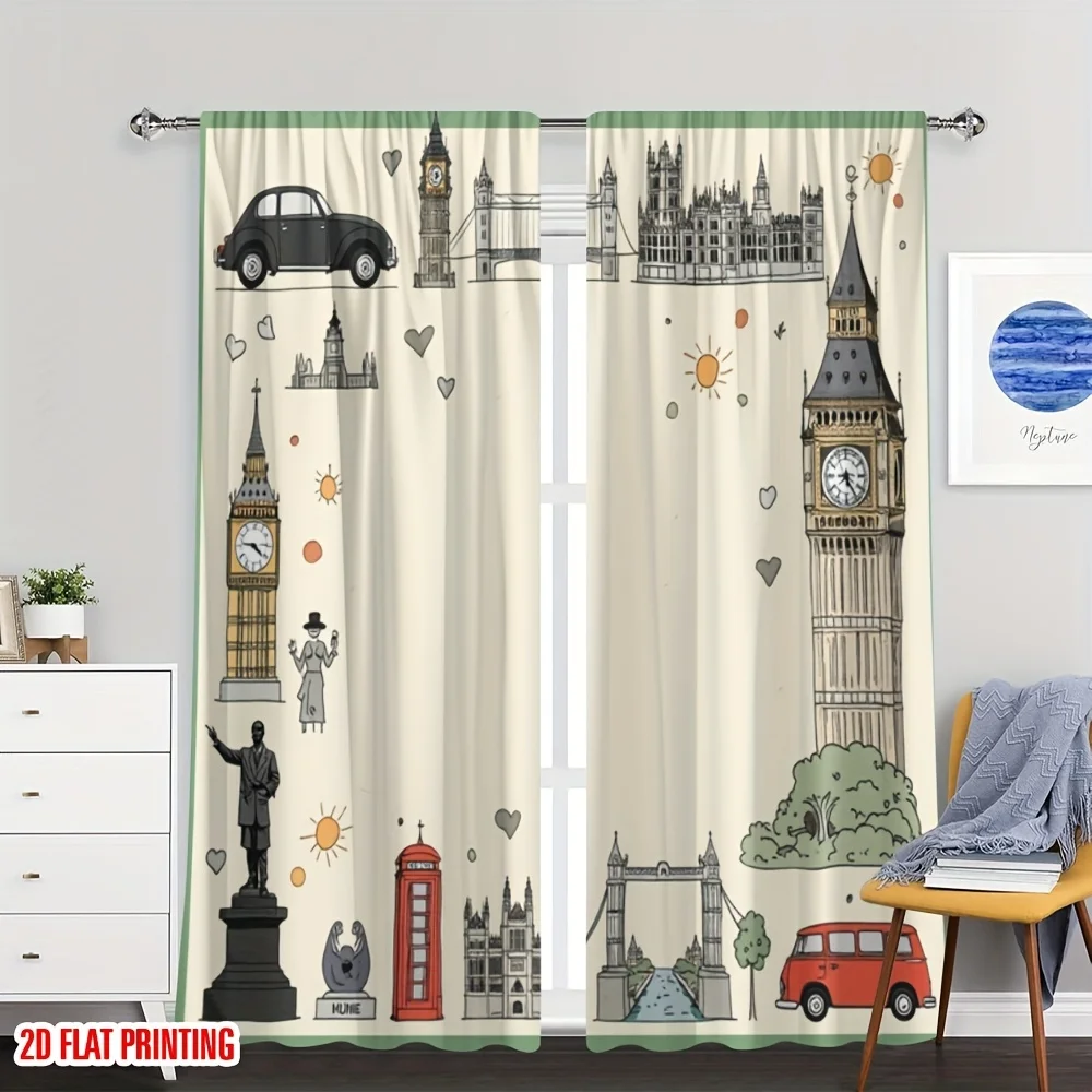 London Landmark Curtain, Big Ben Tower Window Drape, British Cityscape Blackout Panel, Kids Room Study Home Decor