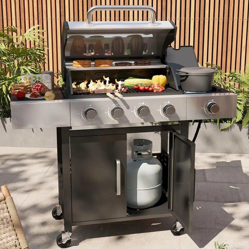 

4-Burner Propane Gas Grill with Side Burner, 49,000 BTU, Cast Iron Grates, Outdoor Cooking, Black