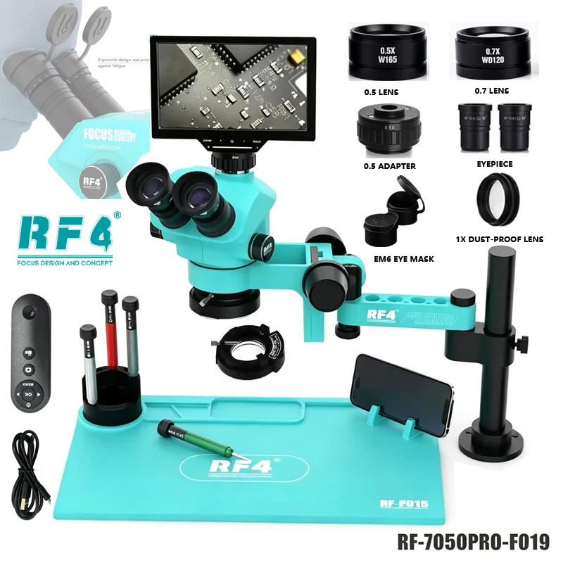 RF4 Trinocular Stereo Microscope 10Inch Display Screen 4K Camera 360° Rotation Articulating Arm Stands Soldering PCB Repair Tool