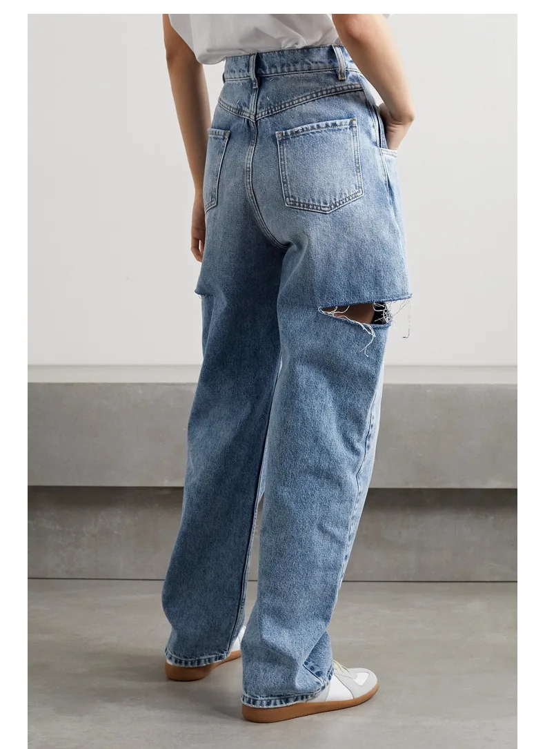 

Women High Waist Cut Out Distressed Jeans Vintage Washed Loose Fit Wide Leg Denim Pants Casual Streetwear Trousers
