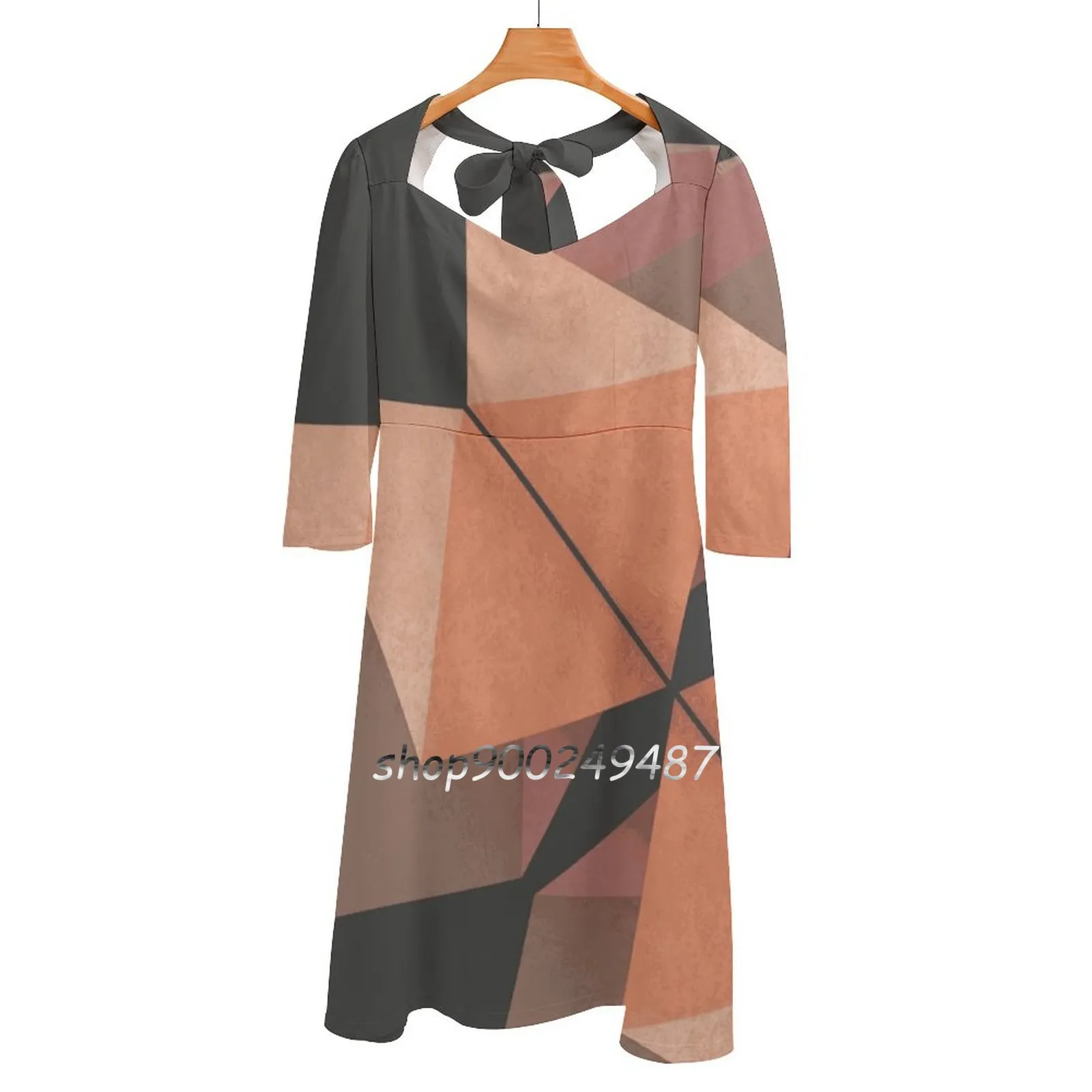 Texured Rose Gold Square Neck Dress Cute Loose Print Dresses Elegant Beach Party Dress Geometric Rose Gold Funky Triangles