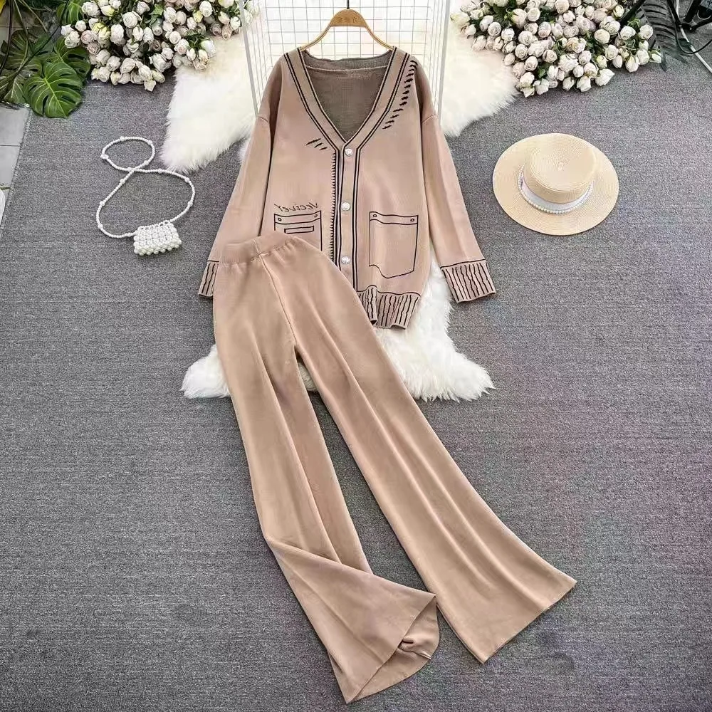 Women Chic Retro Two Sets lool sleeve v neck basics knit sweet High Waitst Wide leg pants Fashion Summer Sets