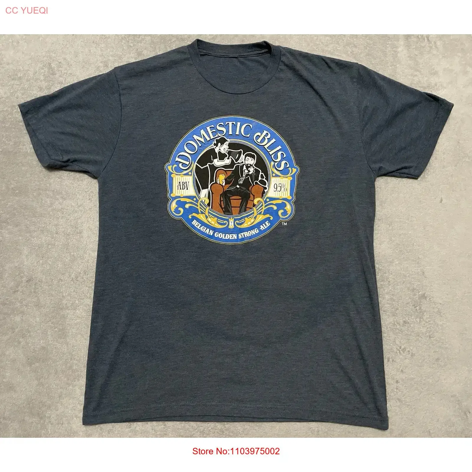 T-shirt Crooked Can Brewing Domestic Bliss pour homme, taille L, bleu, motif bière, style vintage, effet délavé, vêtement de créateur unisexe légèrement extensible