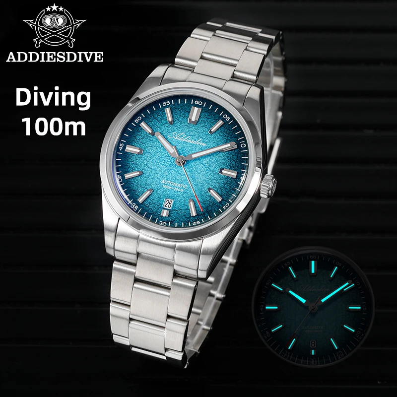 ADDIESDIVE ผู้ชายนาฬิกากลไกอัตโนมัติกระจกบับเบิ้ลซุปเปอร์ลูมินัส 100M กันน้ำ 316L สแตนเลสนาฬิกาหรูชาย