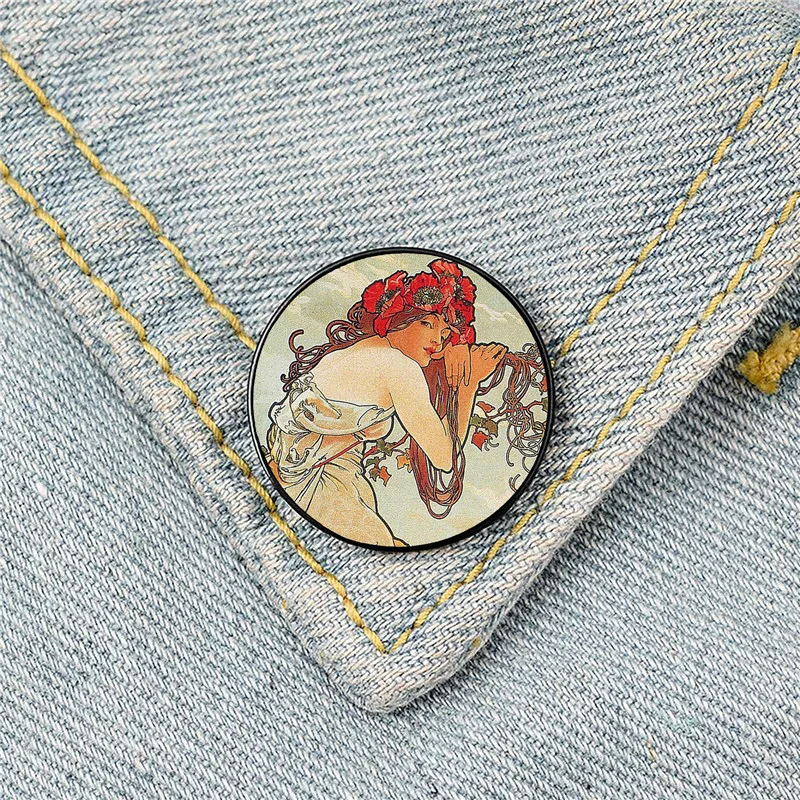 Summer Alphonse Mucha Pin Custom Funny Brooches Shirt Lapel Bag Cute Badge Cartoon Cute Jewelry Gift for Lover Girl Friends