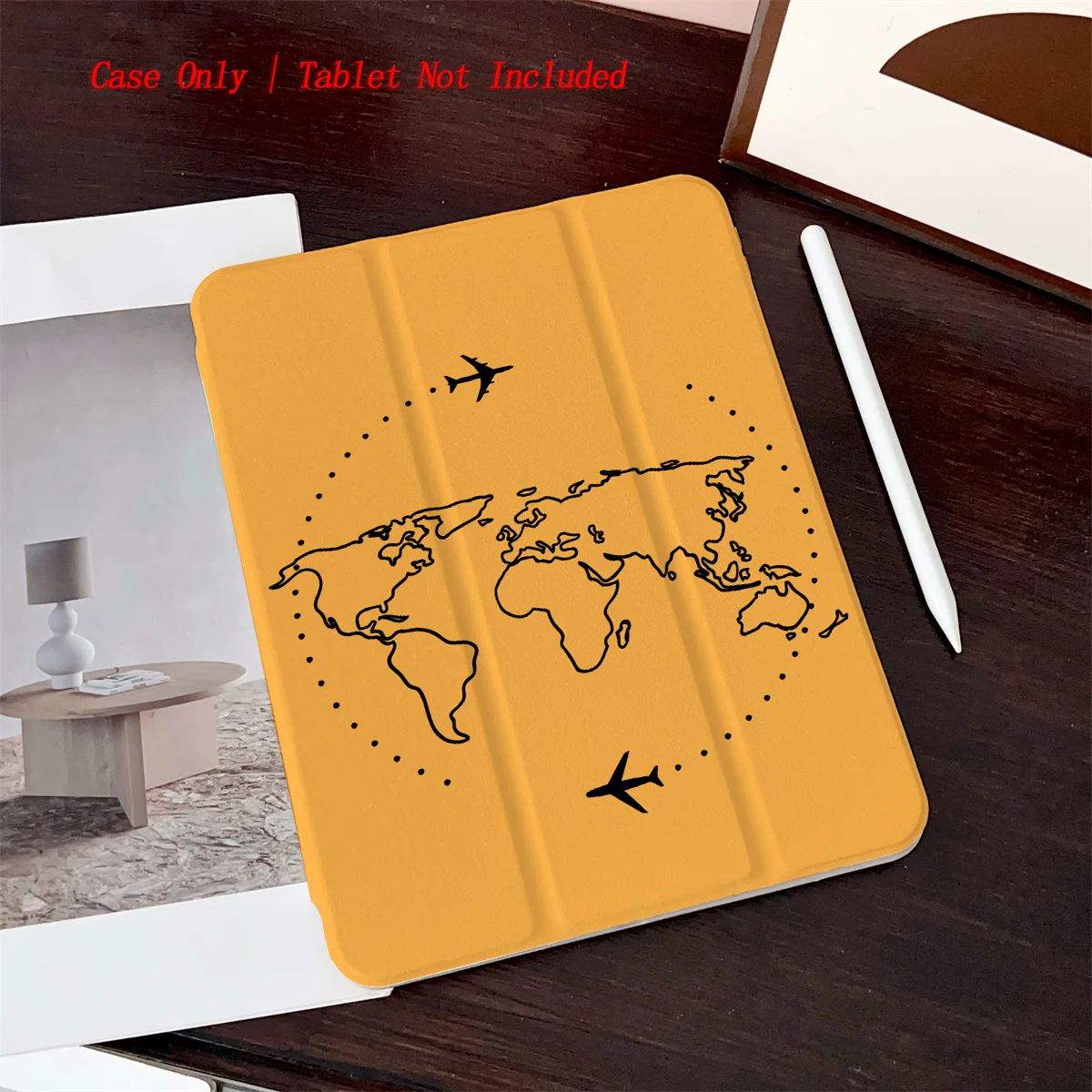 

360° Rotatable Foldable iPad Protective Case - Orange Base Black Map Segments & Plane Design (Fit iPad Air 4/Pro 11/10th Gen)