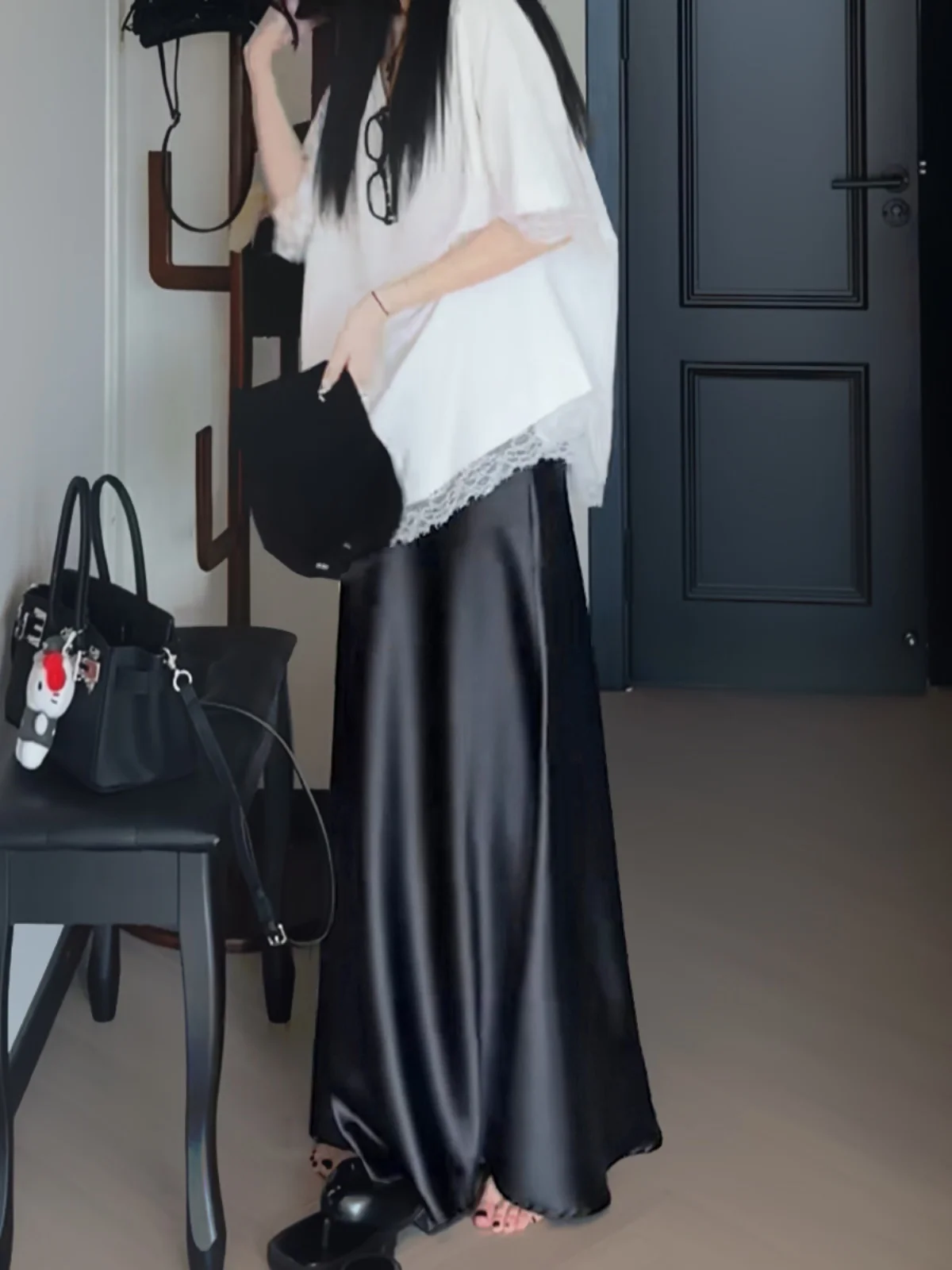 

Black Silk Satin Halter Neck Dress Women's Summer Thin Fish Tail Skirt High Waist Slimming Drapey Casual Long Skirt
