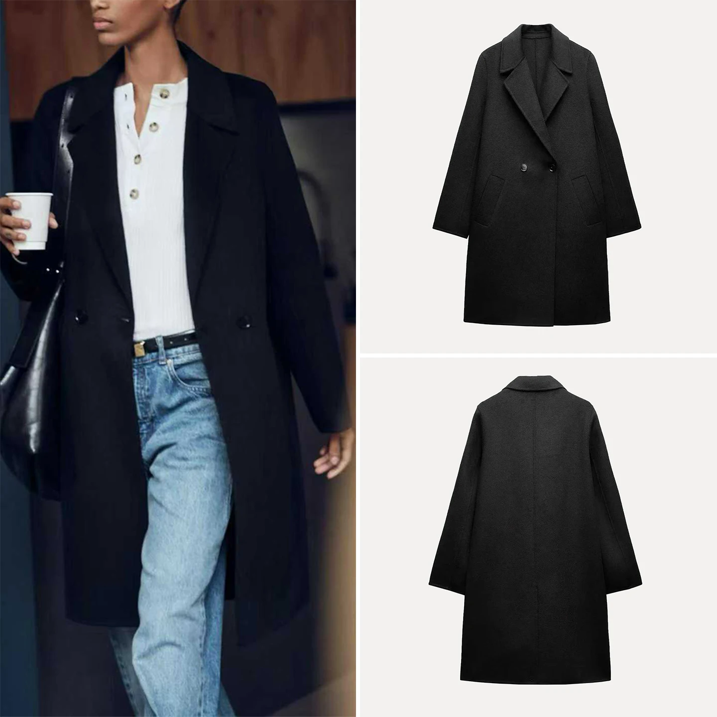 

Z Women's Double-Faced Velvet Coat 2025 New Commute Loose Double-Row Buttoning Outerwear Long Sve Suit Collar Mid-Length