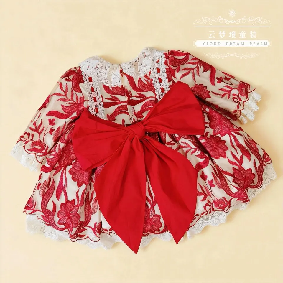 Kleinkind Mädchen Rotes Spitzenkleid Langarm Rüschenkragen Große Schleife Prinzessin Lolita Kleid Kinder Geburtstag Hochzeit Party Kostüm – Detail 9
