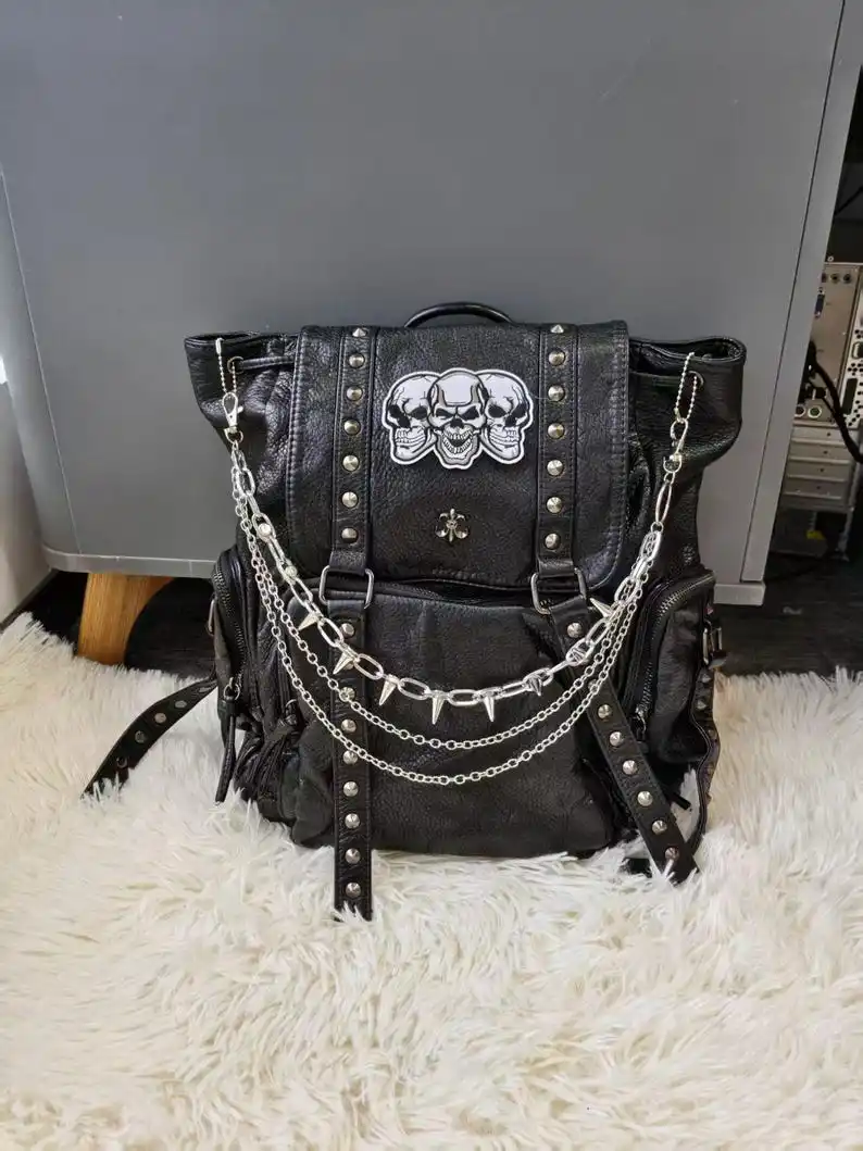 Grunge Y2K Black Faux Leather Backpack Skull Patch Spike Chain Metal Studded Straps Unisex Daily Backpack