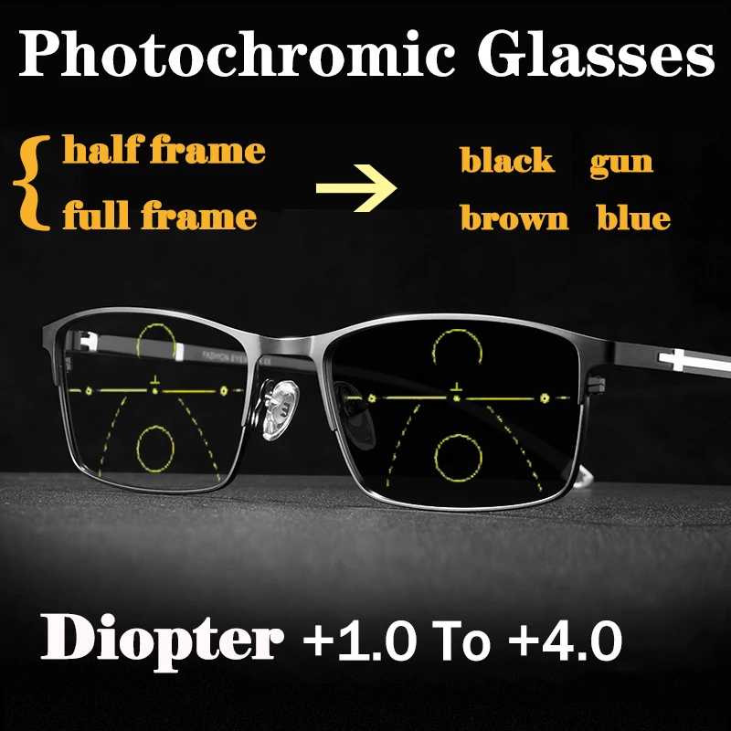 Business Adjustment Photochromic Reading Glasses Multifocal Anti-blue light Eyewear Progressive Half-Frame Hyperopia Eyeglasses