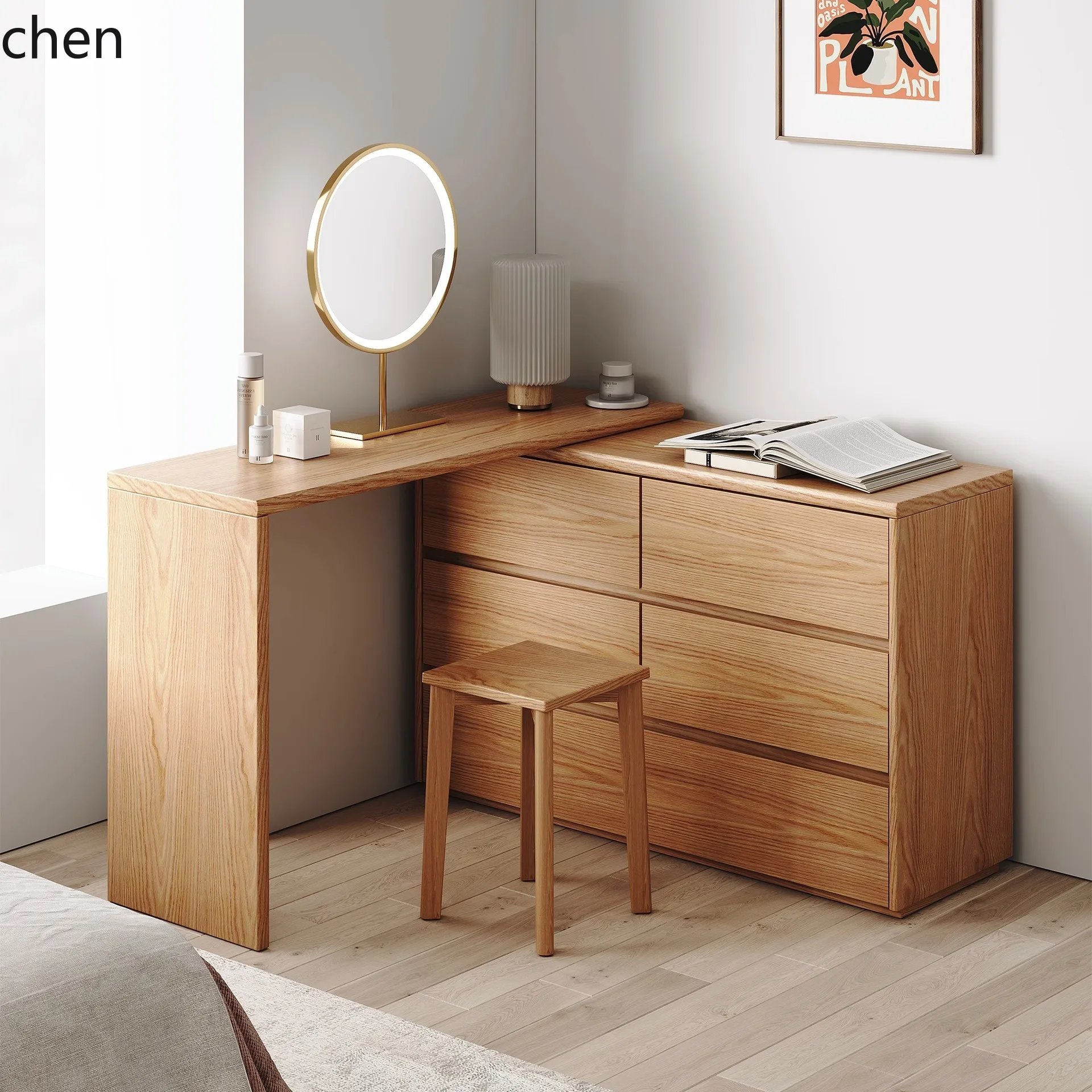 

PYH Dressing Table and Chest of Drawers Integrated Makeup Table Solid Wood Storage Cabinet L-Shaped Corner Desk
