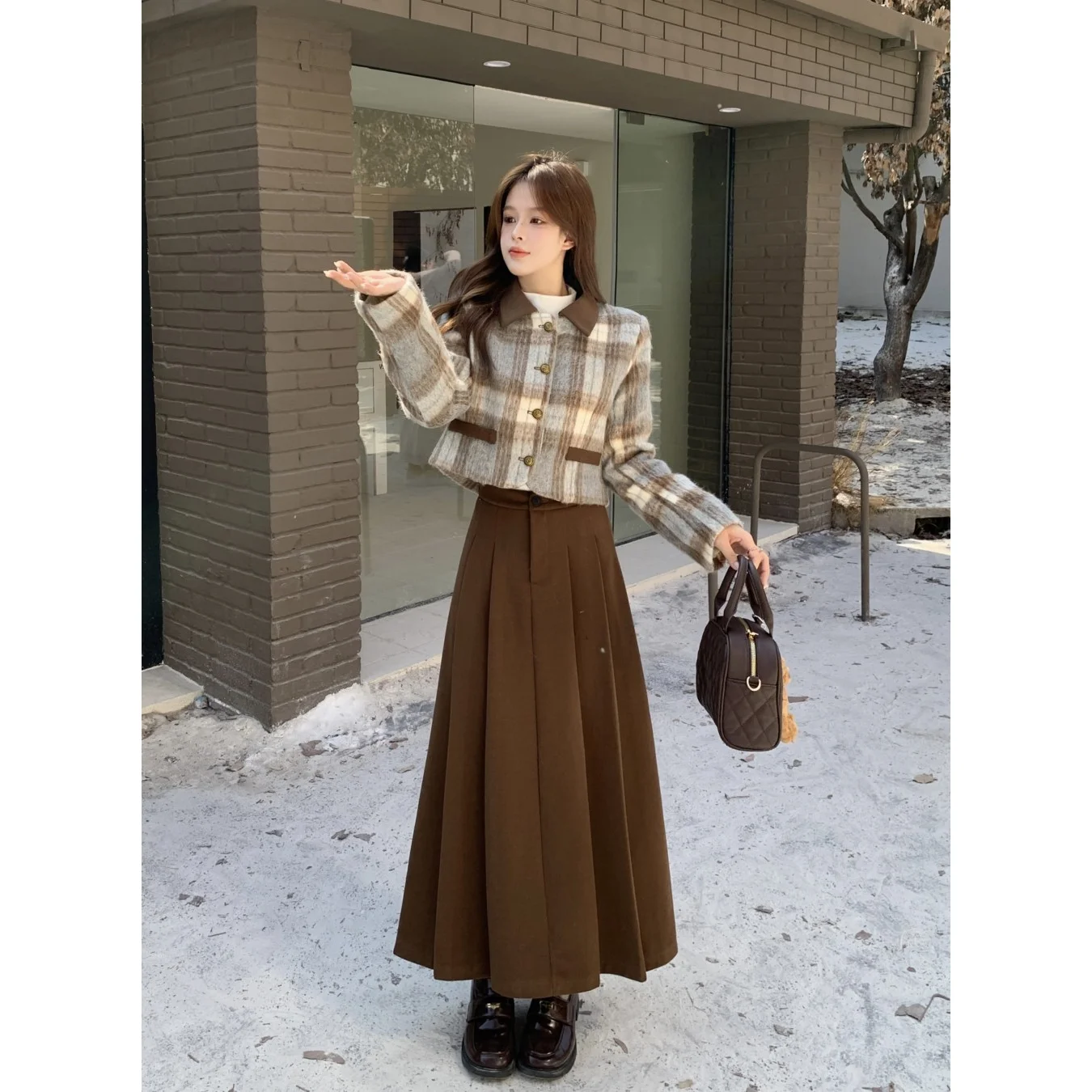 Autumn and Winter 2-piece Thick Woolen Short Coat for Women's Clothing 2024 New Pleated Long Skirt Fashion Set for Children