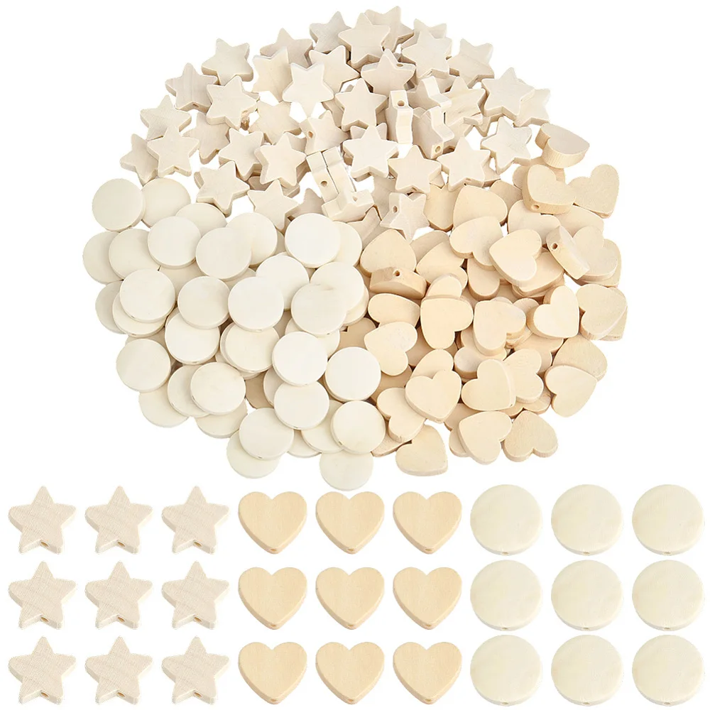 180PCS Flat Wood Beads Star Heart Round Unfinished Wooden Rustic Stars Hearts Unpainted Loose Spacer Bead Charm Bulk