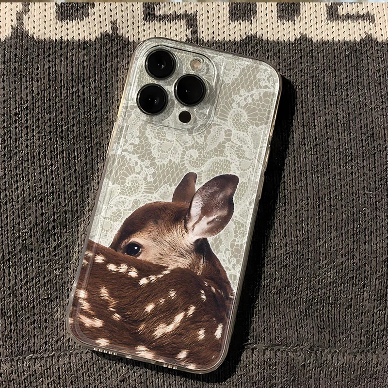 

Deer Flower Lace Phone Case For iPhone 17 16 15 11 12 14 13 Pro Max Mini X XS XR 7 Plus 17E Shockproof Transparent Cover Fundas