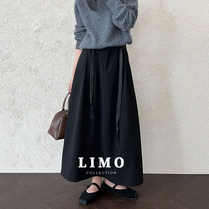 

LIMO Korean Style Elegant Woven Tie A line Woolen Midi Skirt for Women Autumn Winter New Slimming Long Skirt