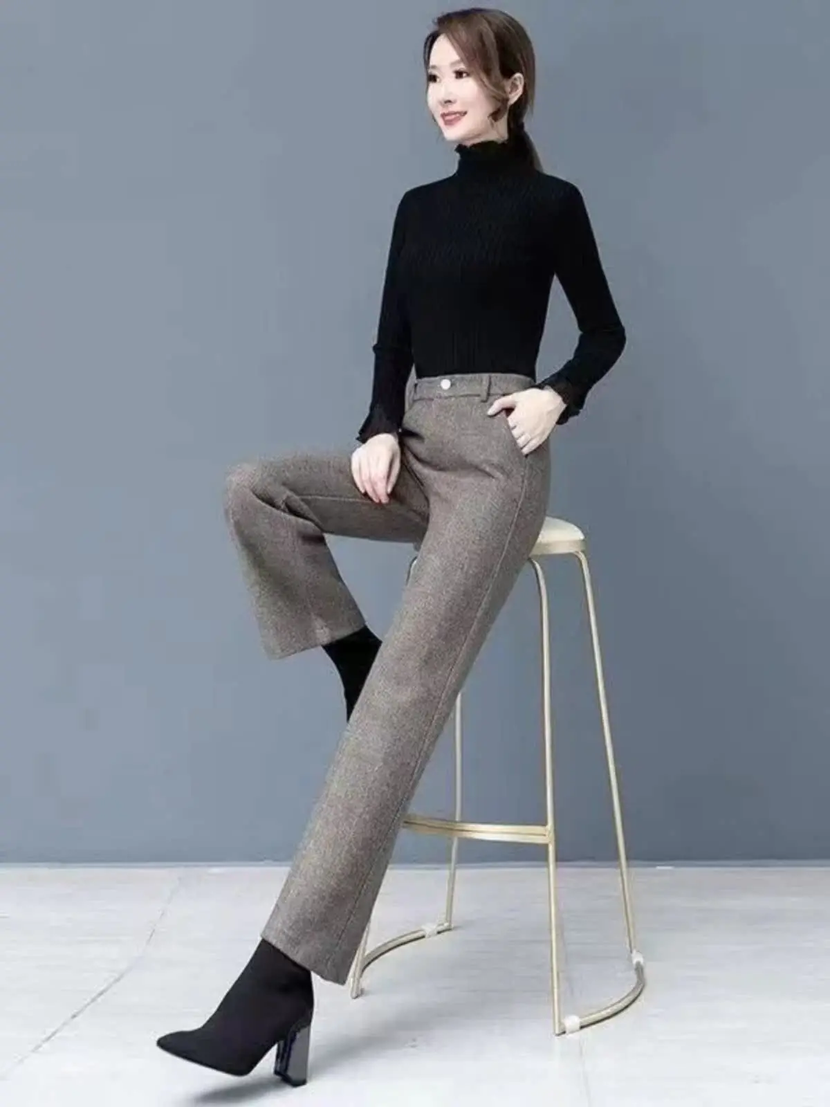 Autumn Winter Woolen Wide Leg Pants High Waist Trousers for Women Thick Straight Cut Pants Casual Nine Point Pants