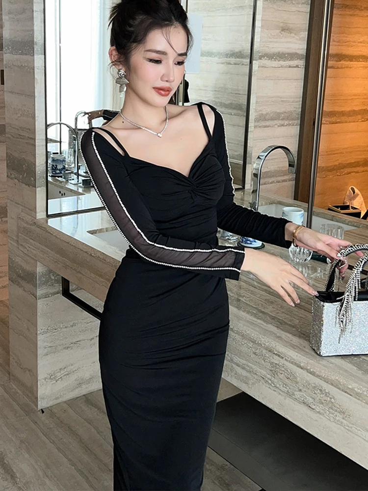 แฟชั่นผู้หญิงชุดราตรีสีดําเซ็กซี่ตัดปิดไหล่พับ Slit Midi Party วันเกิดพรหม Robe Femme Mujer vestidos fiesta