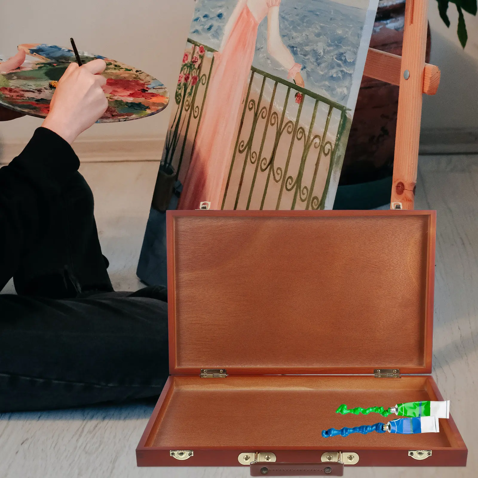 Wooden Painting Box Space-Saving Portable Painting Tool Box for Drawing Pencils Watercolor Supplies Artist Studio Desk Use