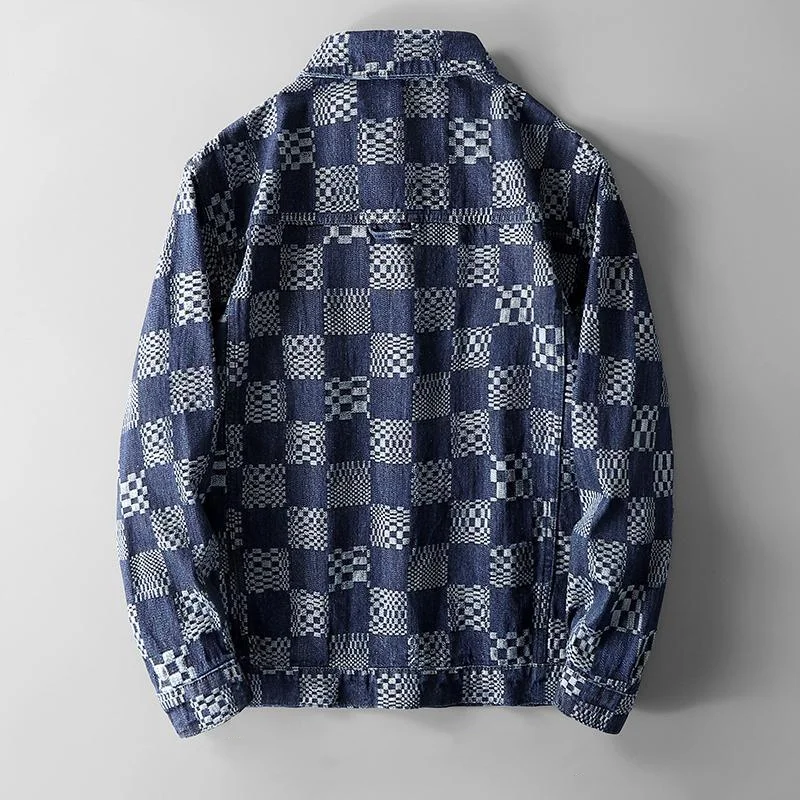 İlkbahar ve sonbahar yeni erkek gevşek Chessboard ekose rahat ceket moda kişilik jakarlı Denim ceket