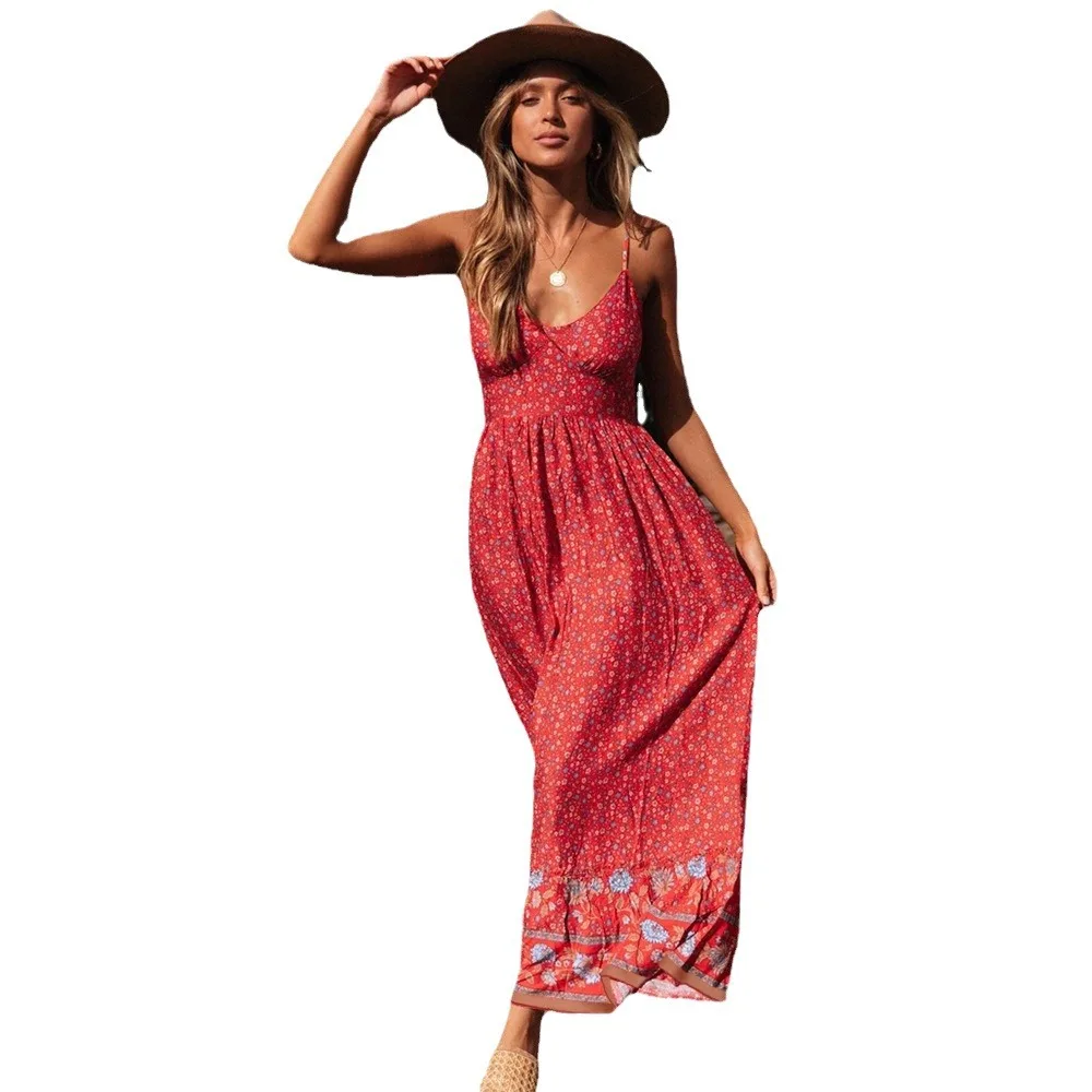 Bohemian Floral Spaghetti Strap Dresses Women Sexy V-neck Backless Casual Beach Vacation Long Dress Female Vestidos Summer New