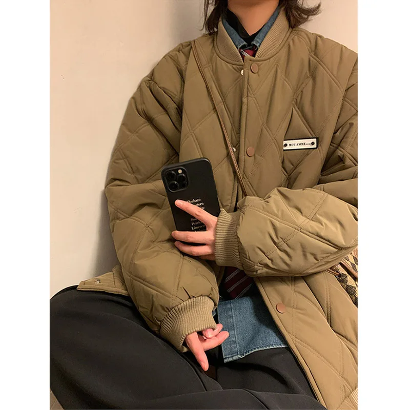 

Thiened Diamond Pattern Cotton Jaet for Men Winter Baseball Collar Couple Outfits American Casual Sle Youth ular