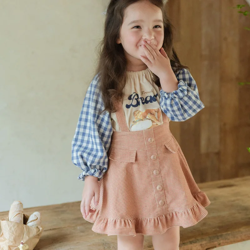 Girls Denim Dress 2024 Autumn Korean Children Girls Lotus Leaf Lace A-shaped Strap Dress