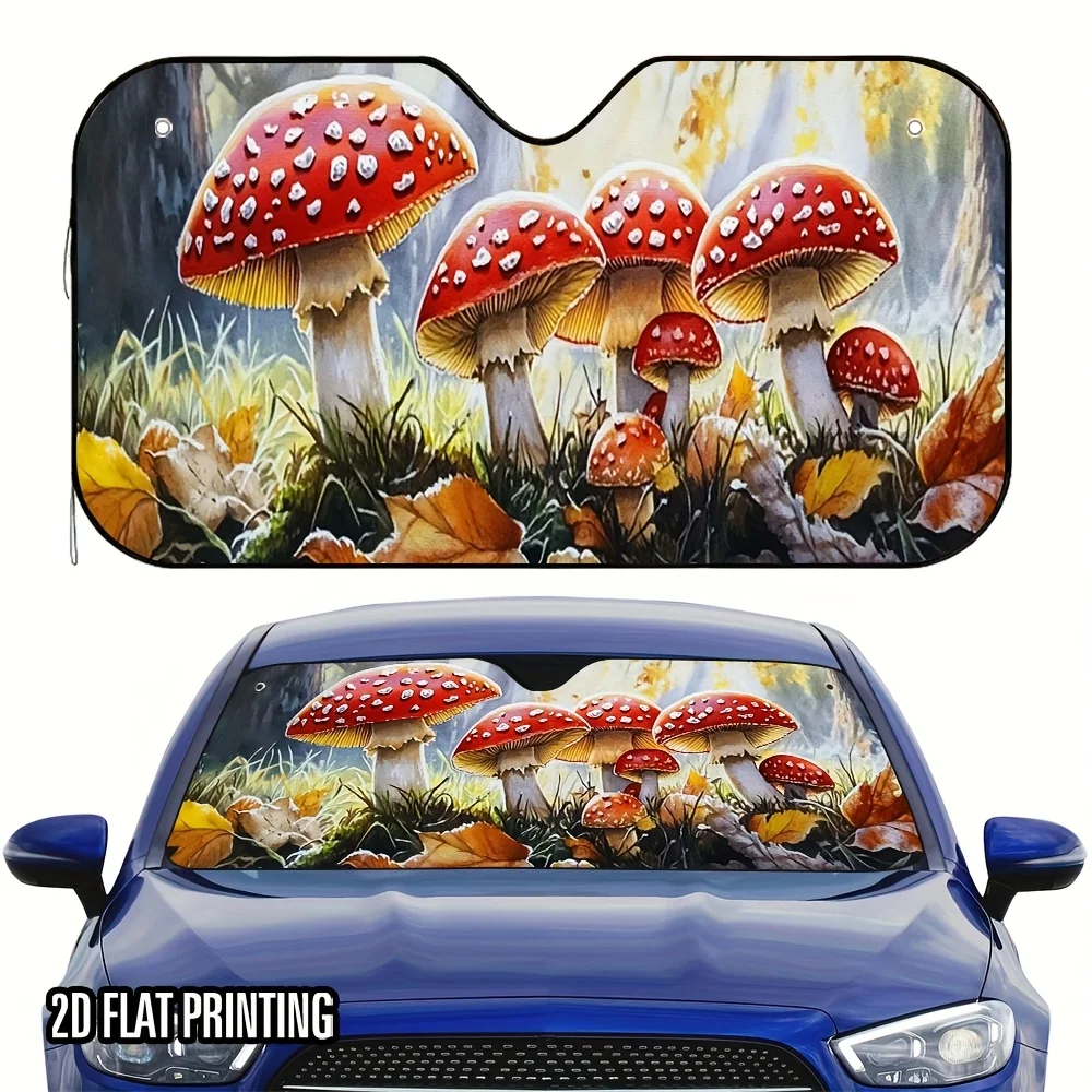 1pc 2D Flat Forest Red Umbrella Mushroom Group Print Car Sunshade – Stylish And Efficient, Keeps Your Vehicle Cool, Includes 4 S
