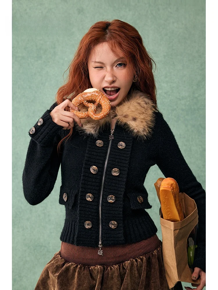 

BeerBro American Sle, пряный леопардовый принт, съемный меховой воротник, облегающий вязаный свитер, женская осенне-зимняя теплая верхняя одежда