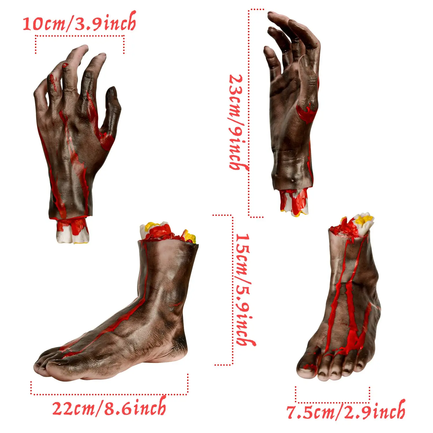 XONOR Halloween Severed Hands Feet Set Scary Bloody Broken Body Parts Halloween Props Decorations