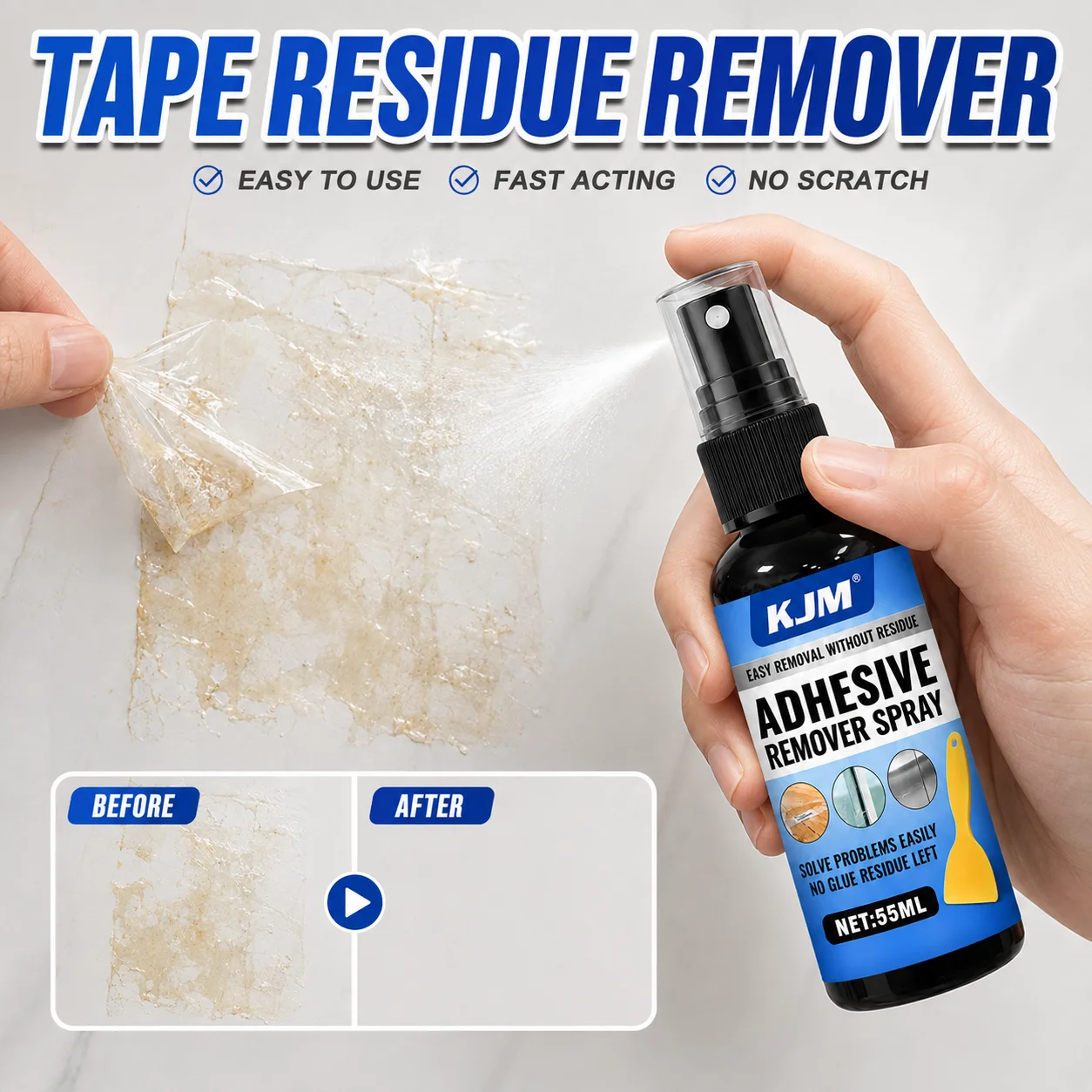 KJM Adhesive Remover Spray Tape Residue Cleaner For Car Paint Glass Stickers Labels Fast Acting Multi Surface 55ml