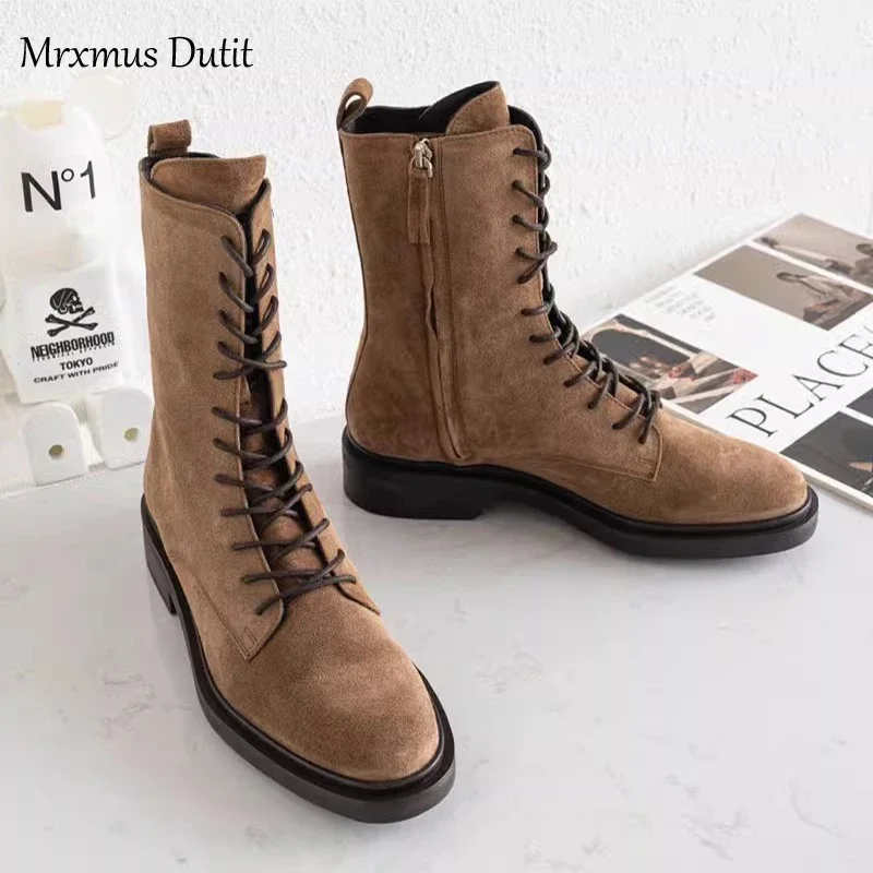 Mrxmus Dutit  2024 Autumn Winter Fashion New Women Genuine Leather Lacing Flat Short Boots Round Head Simple Casual Short Female