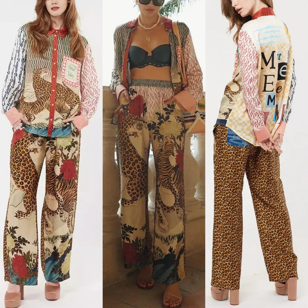 ليوبارد مطبوعة بنطال ذو قصة أرجل واسعة مجموعات النساء خمر واحدة الصدر رفض كولور 2024 جديد شيك ربيع الخريف سيدة بلوزة الدعاوى