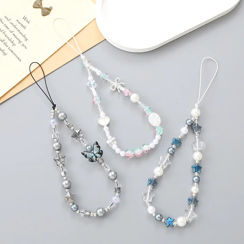 Fashion Butterfly Star Beautiful Phone Chain Jewelry for Women Creative Pearl Crystal Beads Car Bag Cellphone Case Hanging Rope