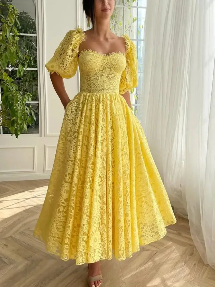 

LAYXHS Fashion Yellow Lace Formal Evening Dresses Square Neck Puff Sleeve A-Line Lace Up Prom Dresses Customized robes de soirée