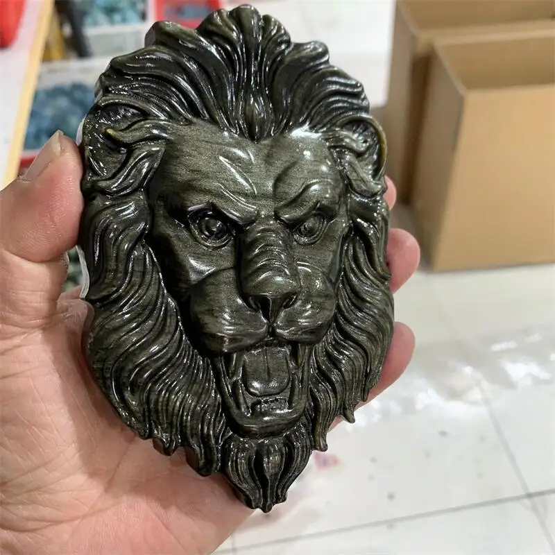 Natural Golden Obsidian Lion Head Carving Hand Cartoon Stones Healing Polished Mineral Ornaments Home Decoration 1PCS