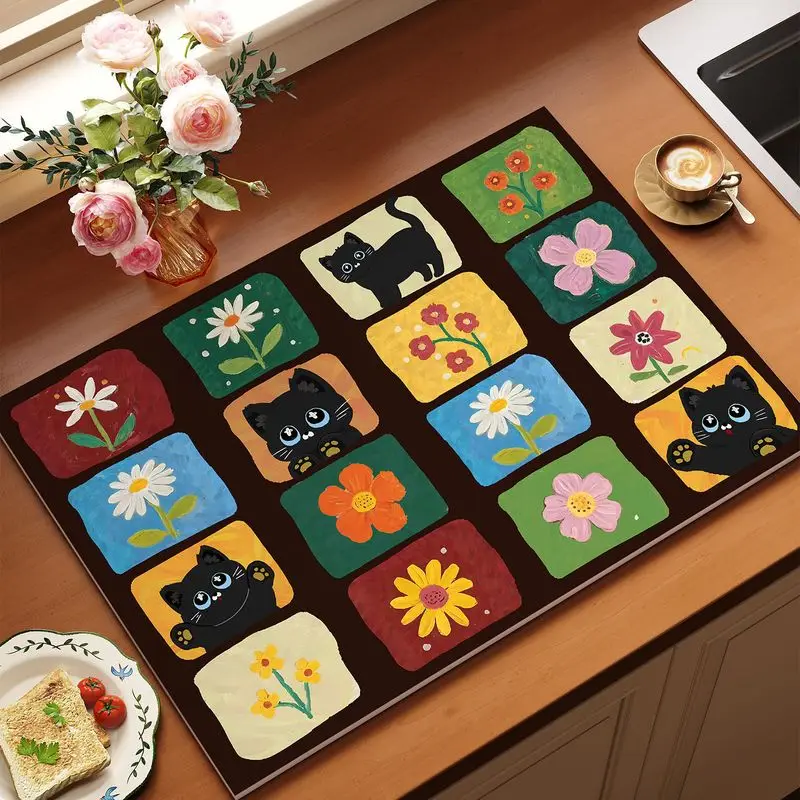 Deep Bottom Square Black Cat Flower Kitchen Drainage Mat, Anti Slip Coffee Machine Tableware, Kitchen Countertop Protection Mat