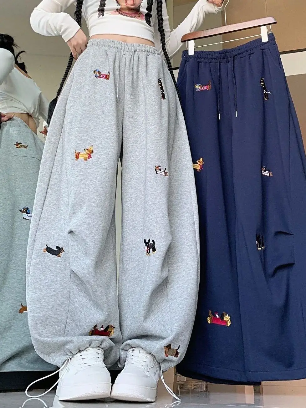 plus Size American Retro Dog Embroidery Wide Leg Pants Women Summer Loose Slimming Cuffed Casual Long Trousers