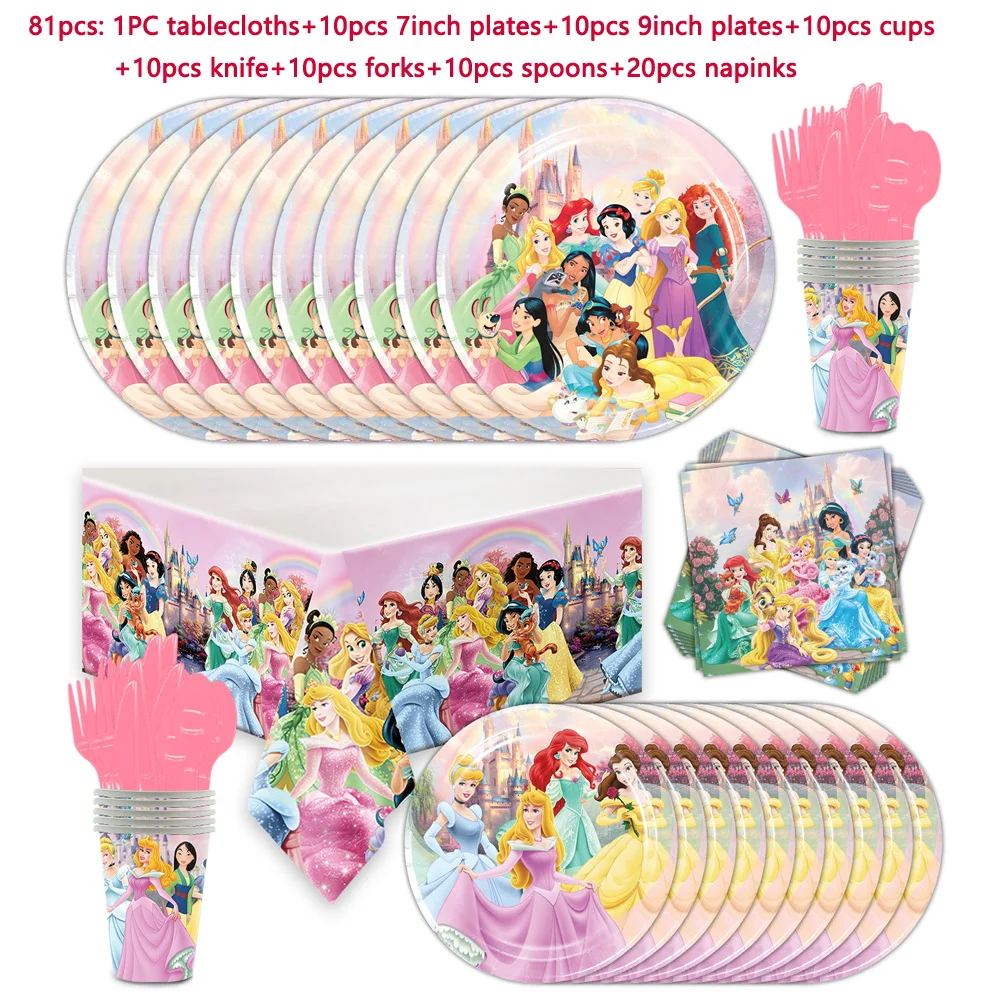 Disney Princess Birthday Party Decorations Belle Snow White Cinderella Tableware Supplies Paper Plates Cups for Kids Baby Shower