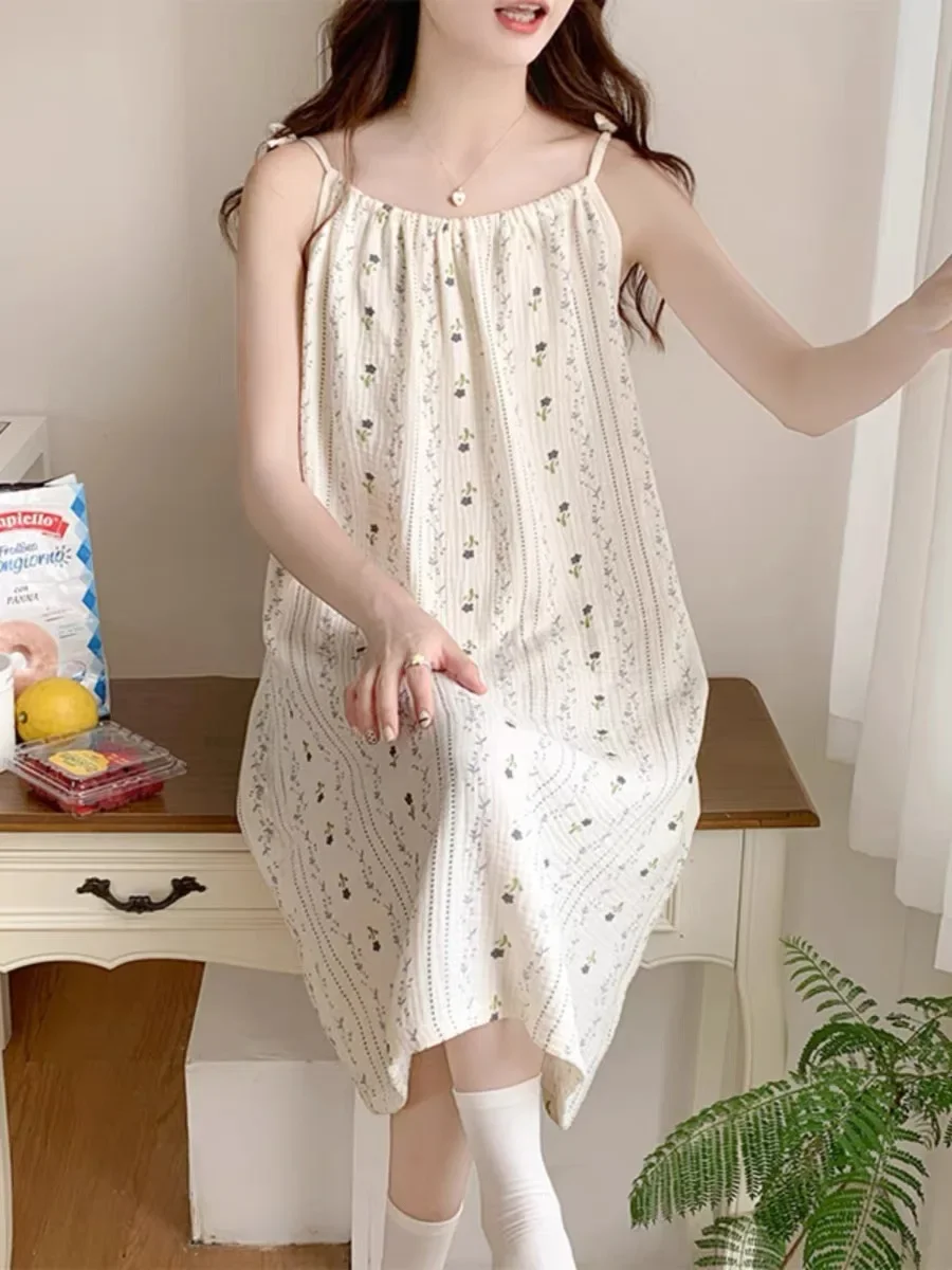 Summer Nightgowns Women Print Sleeveless Sleepwear Home Kawaii Tender Breathable Ulzzang Soft College Girls All-match Popular