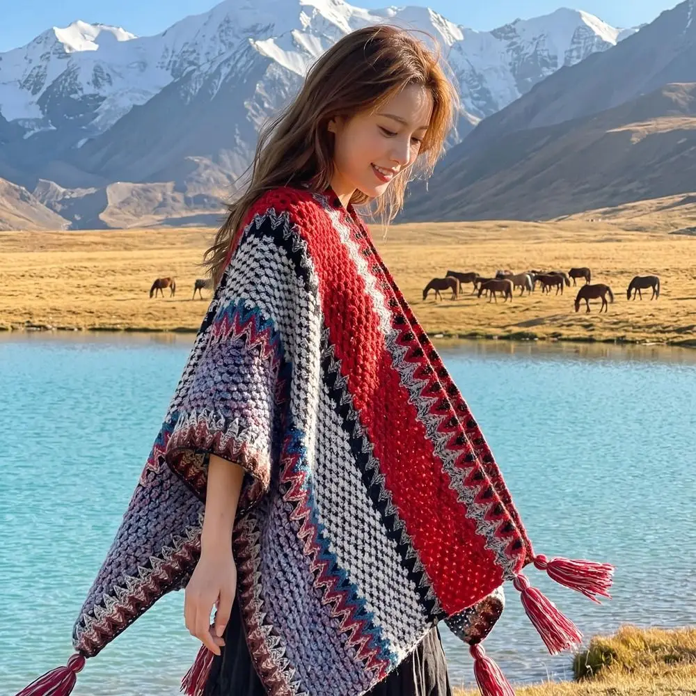 Large Printing Ethnic Style Shawl Warm Stripe Knitted Cape Neck Wrap Bohemian Tassel Scarves Travel Vacation