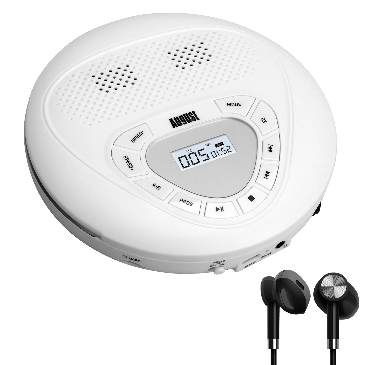 

August SE10W Rechargeable Portable CD Player with Earphones USB-C Personal CD Walkman with Anti Skip Protection,Repeat,EQ,PROG